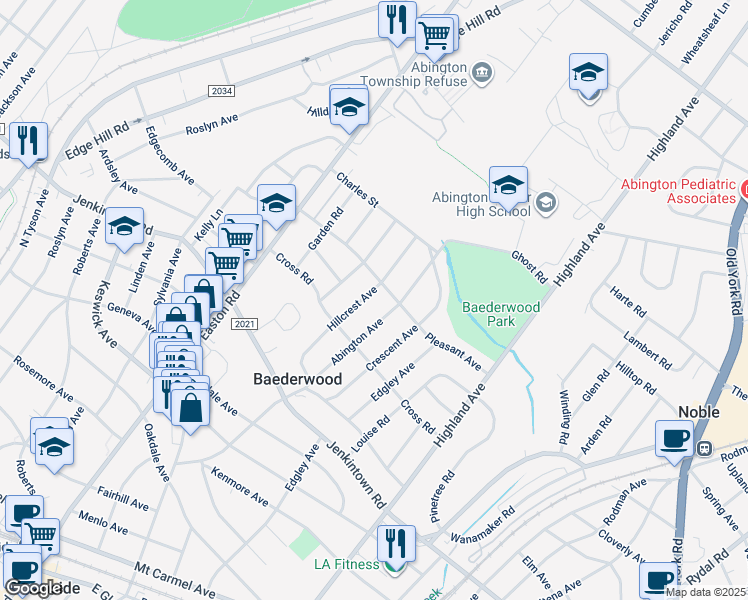 map of restaurants, bars, coffee shops, grocery stores, and more near 639 Hillcrest Avenue in Glenside