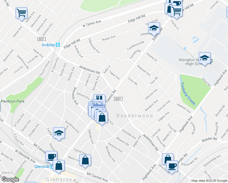 map of restaurants, bars, coffee shops, grocery stores, and more near 501 Easton Rd in Glenside
