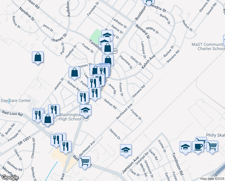 map of restaurants, bars, coffee shops, grocery stores, and more near 821 Avon Road in Philadelphia