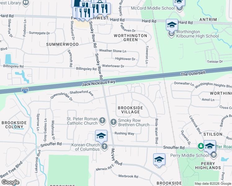 map of restaurants, bars, coffee shops, grocery stores, and more near 1797 Worthington Run Drive in Columbus