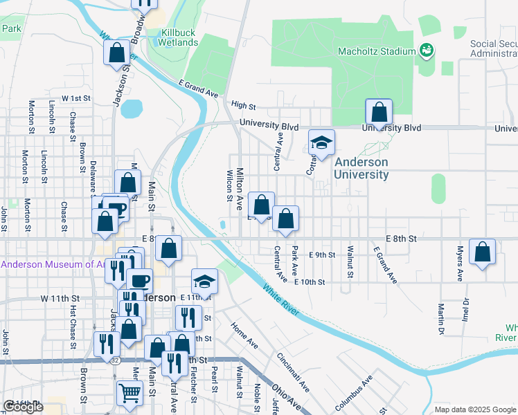 map of restaurants, bars, coffee shops, grocery stores, and more near 615 Ruddle Avenue in Anderson