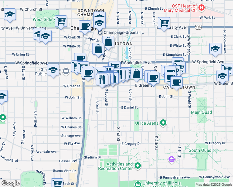 map of restaurants, bars, coffee shops, grocery stores, and more near 707 South 1st Street in Champaign