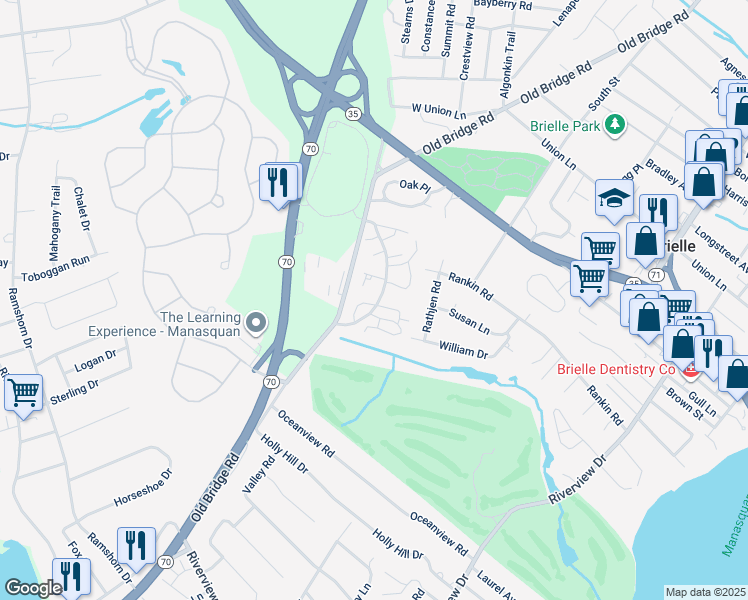 map of restaurants, bars, coffee shops, grocery stores, and more near 40 Poplar Court in Brielle