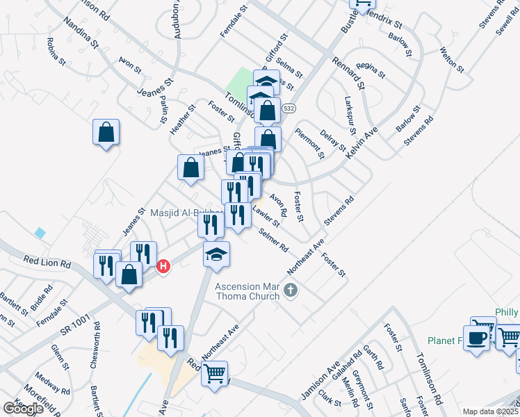 map of restaurants, bars, coffee shops, grocery stores, and more near 800 Avon Road in Philadelphia