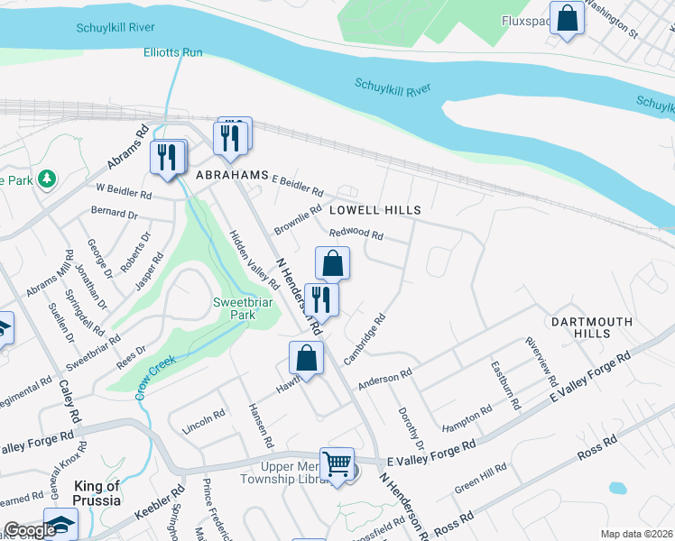 map of restaurants, bars, coffee shops, grocery stores, and more near 191 Lowell Terrace in King of Prussia