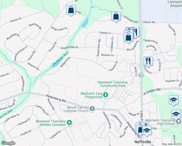 map of restaurants, bars, coffee shops, grocery stores, and more near 326 Millpond Drive in Lititz