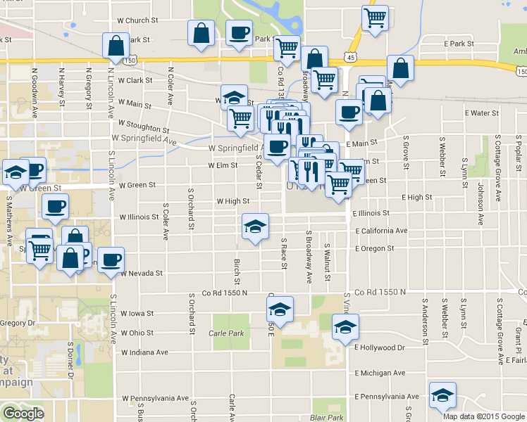 map of restaurants, bars, coffee shops, grocery stores, and more near 302 West High Street in Urbana