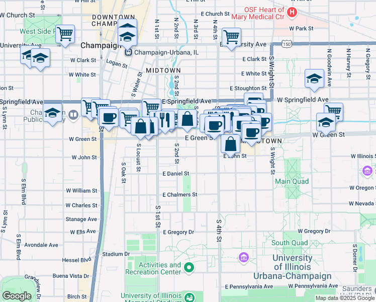 map of restaurants, bars, coffee shops, grocery stores, and more near 207 East Green Street in Champaign