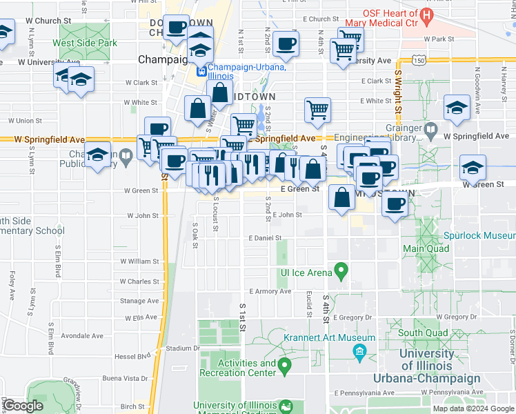 map of restaurants, bars, coffee shops, grocery stores, and more near 111 East Green Street in Champaign