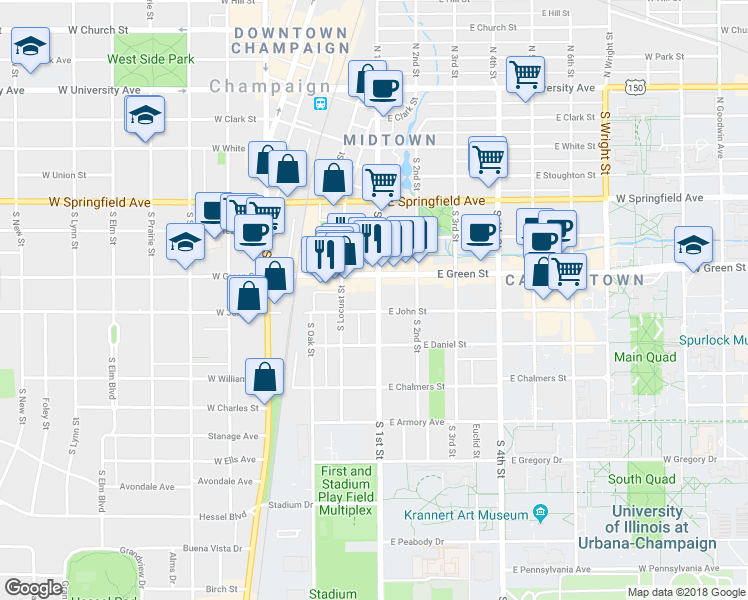 map of restaurants, bars, coffee shops, grocery stores, and more near 59 East Green Street in Champaign