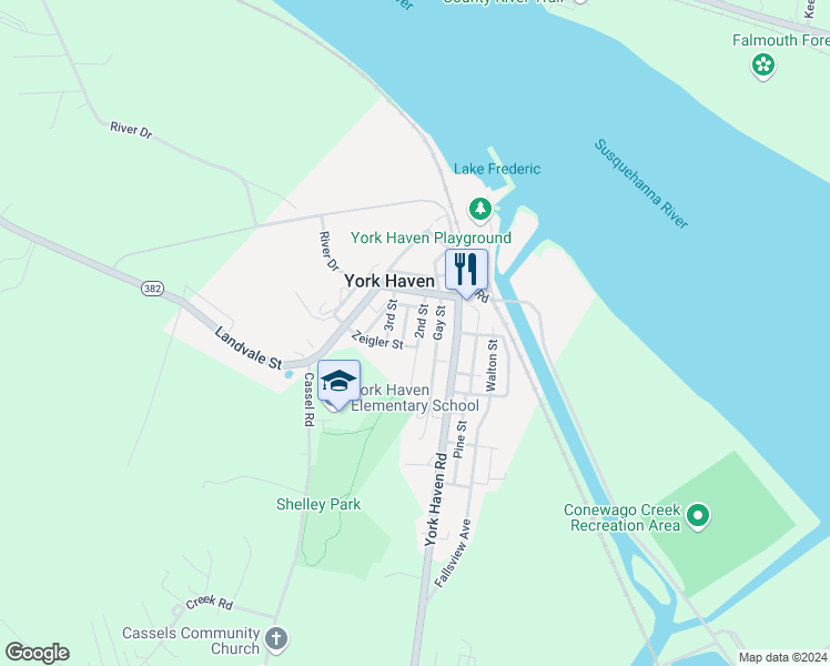 map of restaurants, bars, coffee shops, grocery stores, and more near 42 2nd Street in York Haven