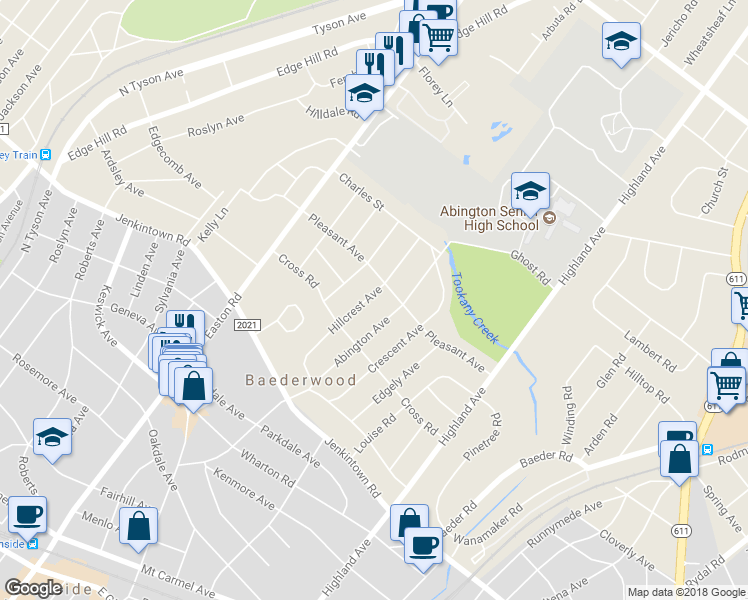 map of restaurants, bars, coffee shops, grocery stores, and more near 639 Hillcrest Avenue in Glenside