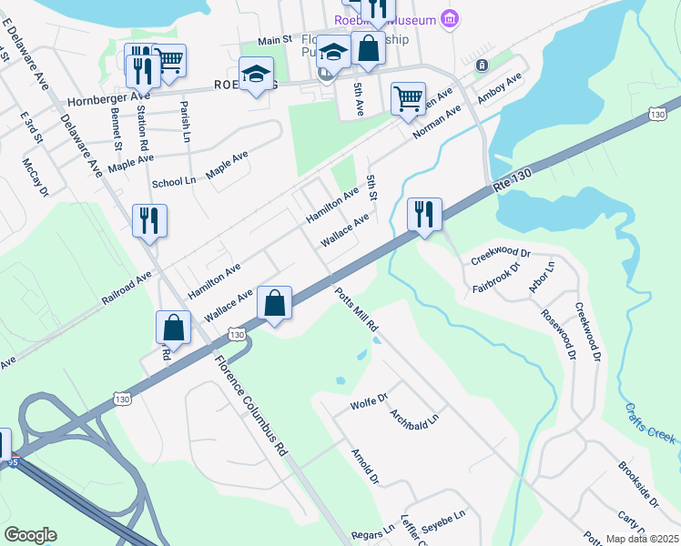 map of restaurants, bars, coffee shops, grocery stores, and more near 1360 U.S. 130 in Windsor