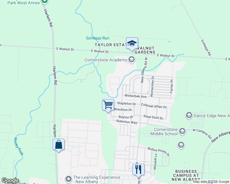 map of restaurants, bars, coffee shops, grocery stores, and more near 6959 Abbeyfield Drive in New Albany