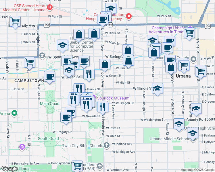 map of restaurants, bars, coffee shops, grocery stores, and more near in Urbana