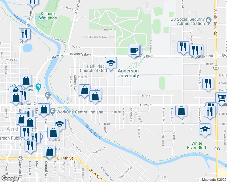 map of restaurants, bars, coffee shops, grocery stores, and more near 617 College Drive in Anderson