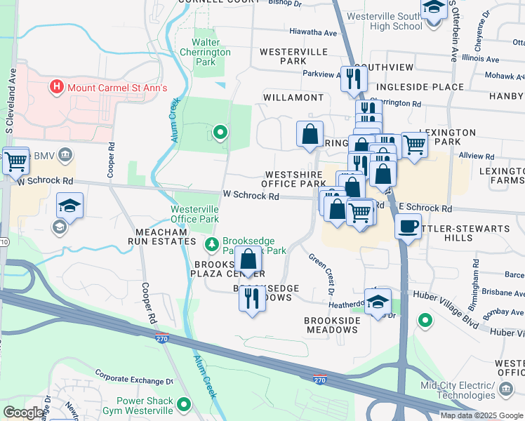 map of restaurants, bars, coffee shops, grocery stores, and more near 235 West Schrock Road in Westerville
