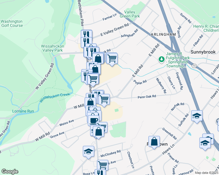 map of restaurants, bars, coffee shops, grocery stores, and more near 18 Highland Avenue in Flourtown