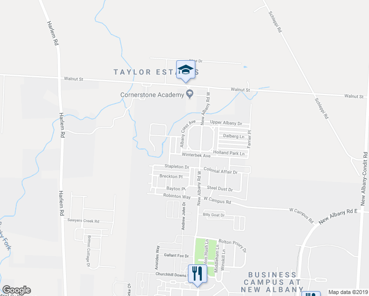 map of restaurants, bars, coffee shops, grocery stores, and more near 6146 Albany Crest Avenue in New Albany