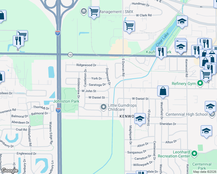 map of restaurants, bars, coffee shops, grocery stores, and more near 614 Dogwood Drive in Champaign