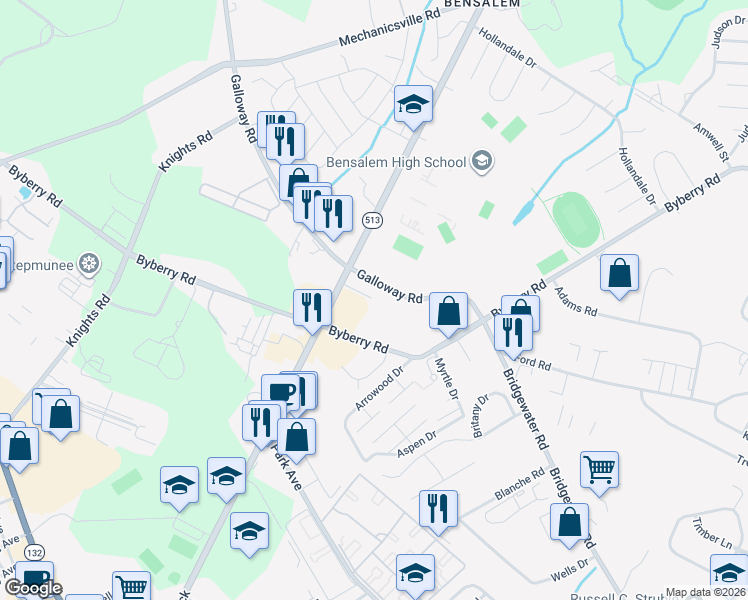 map of restaurants, bars, coffee shops, grocery stores, and more near 2065 Galloway Road in Bensalem