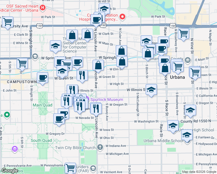 map of restaurants, bars, coffee shops, grocery stores, and more near 404 South Busey Avenue in Urbana