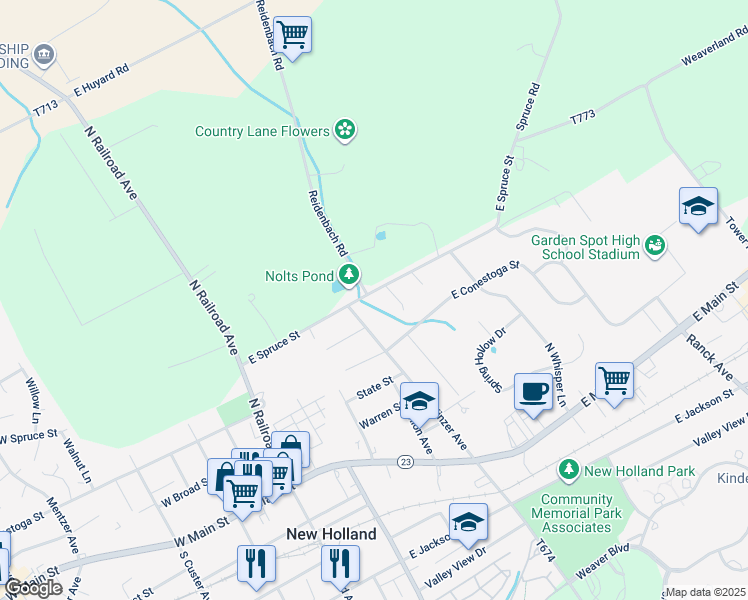 map of restaurants, bars, coffee shops, grocery stores, and more near 430 East Spruce Street in New Holland
