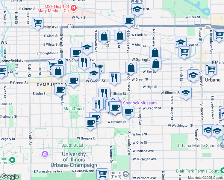 map of restaurants, bars, coffee shops, grocery stores, and more near 1012 West Illinois Street in Urbana