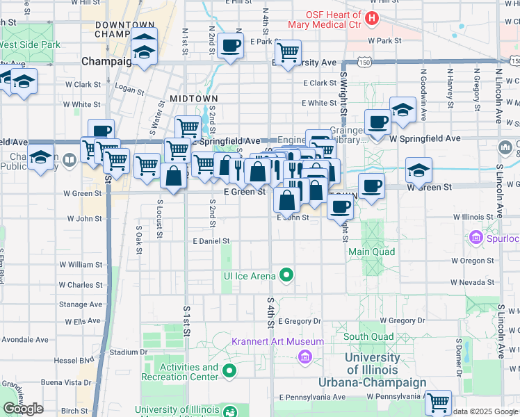map of restaurants, bars, coffee shops, grocery stores, and more near 310 East John Street in Champaign