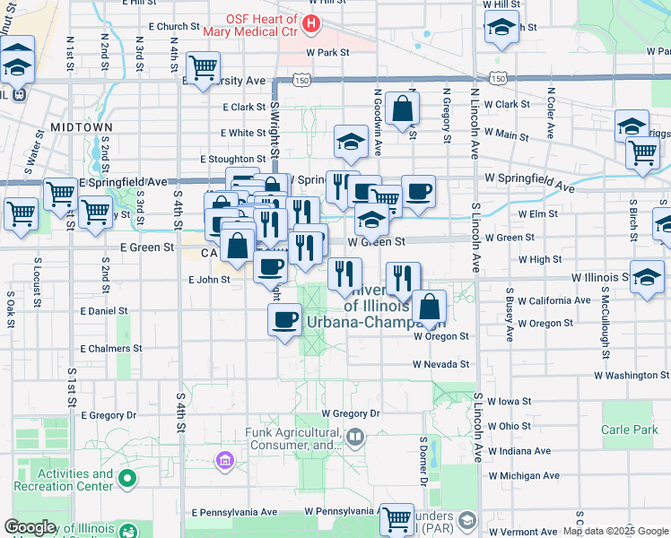 map of restaurants, bars, coffee shops, grocery stores, and more near 1301 West Green Street in Urbana
