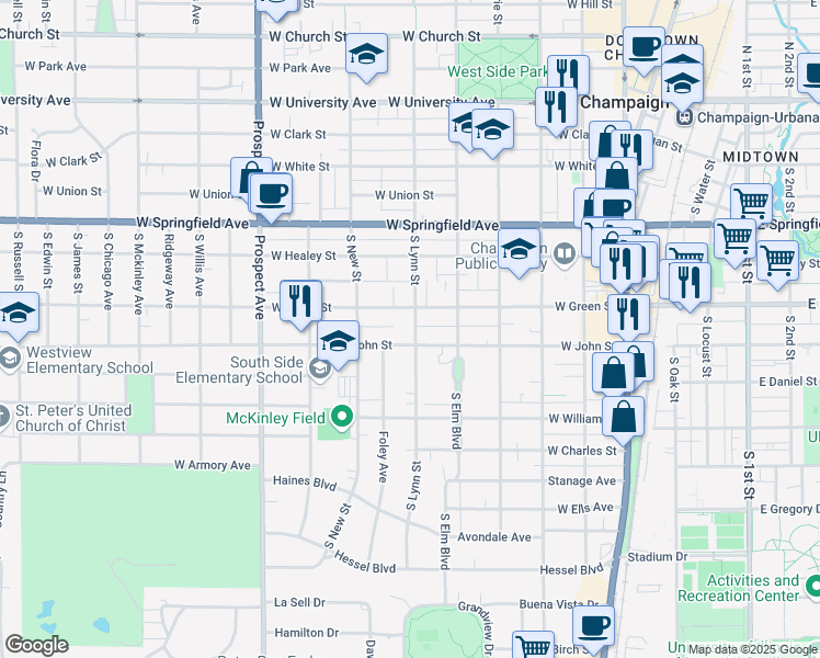 map of restaurants, bars, coffee shops, grocery stores, and more near 607 South Lynn Street in Champaign