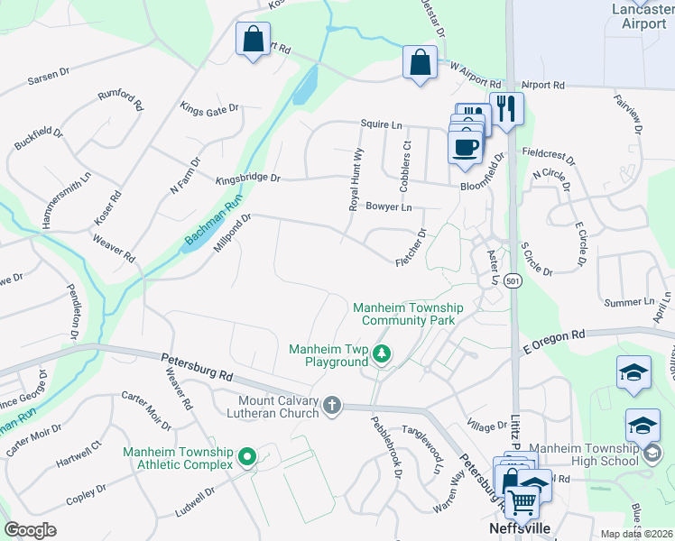 map of restaurants, bars, coffee shops, grocery stores, and more near 326 Millpond Drive in Lititz