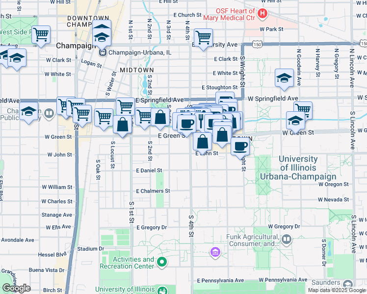 map of restaurants, bars, coffee shops, grocery stores, and more near 310 East John Street in Champaign