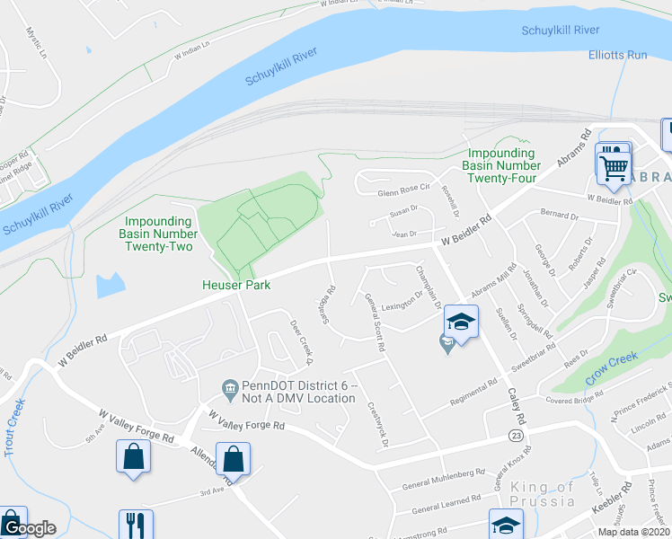 map of restaurants, bars, coffee shops, grocery stores, and more near 584 Saratoga Road in King of Prussia
