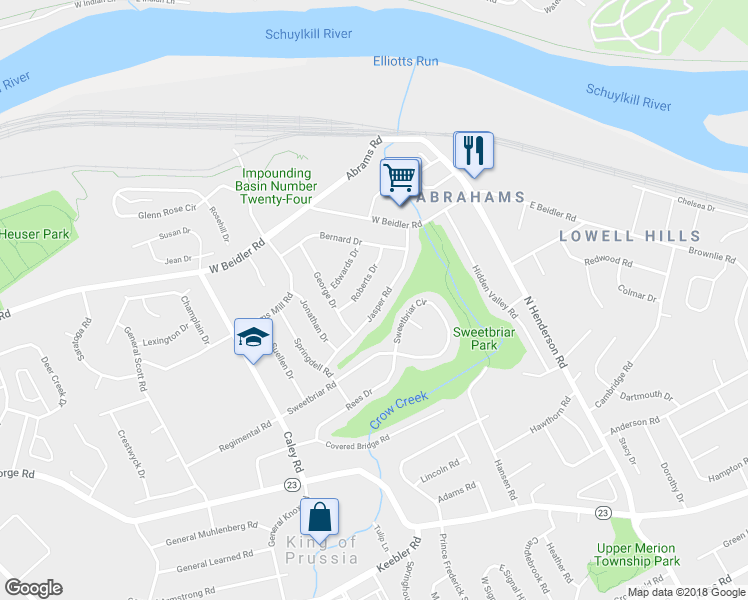map of restaurants, bars, coffee shops, grocery stores, and more near 266 Jasper Road in King of Prussia
