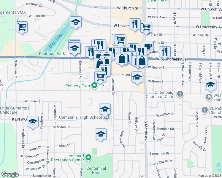 map of restaurants, bars, coffee shops, grocery stores, and more near 621 Crescent Drive in Champaign