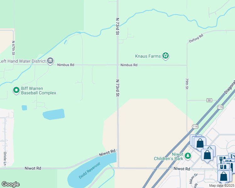 map of restaurants, bars, coffee shops, grocery stores, and more near 7431 North 73rd Street in Longmont
