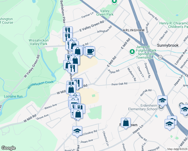 map of restaurants, bars, coffee shops, grocery stores, and more near 109 East Mill Road in Flourtown