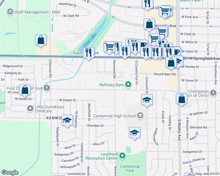 map of restaurants, bars, coffee shops, grocery stores, and more near 2404 1/2 West John Street in Champaign