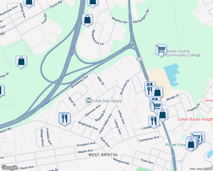 map of restaurants, bars, coffee shops, grocery stores, and more near 1480 Mile Street in Bristol