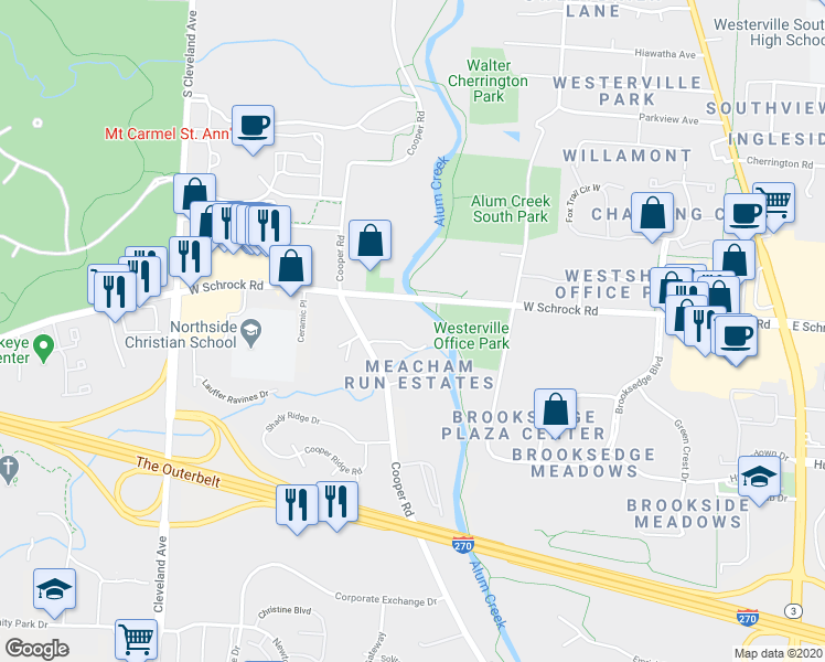 map of restaurants, bars, coffee shops, grocery stores, and more near Alum Creek Multi-Use Trail (Ohio to Erie Trail) in Westerville