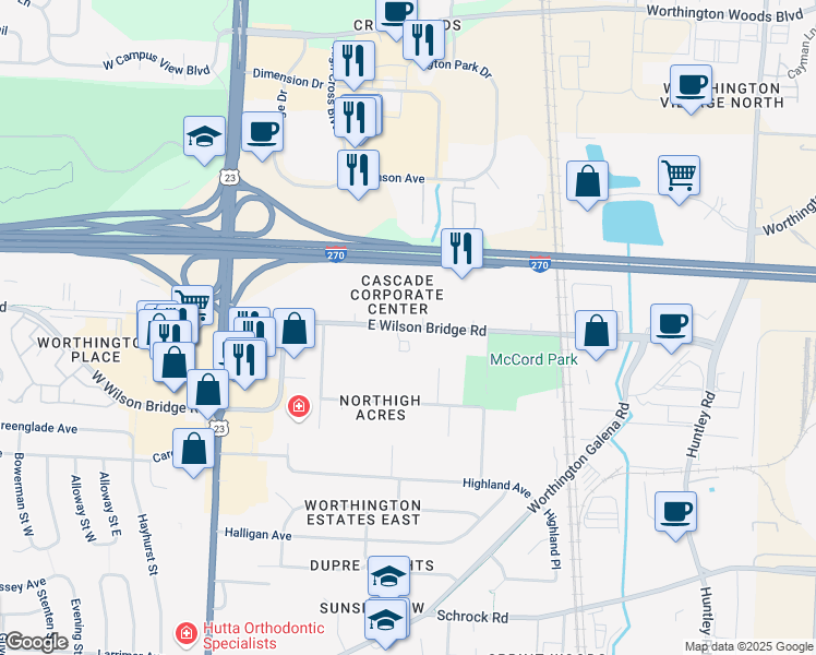 map of restaurants, bars, coffee shops, grocery stores, and more near 150 East Wilson Bridge Road in Worthington