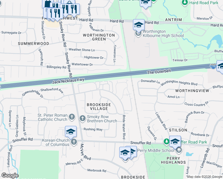 map of restaurants, bars, coffee shops, grocery stores, and more near 1586 Worthington Row Drive in Columbus