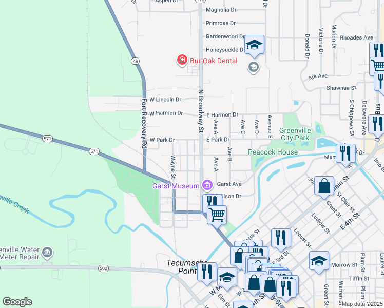 map of restaurants, bars, coffee shops, grocery stores, and more near 528 N Broadway St in Greenville