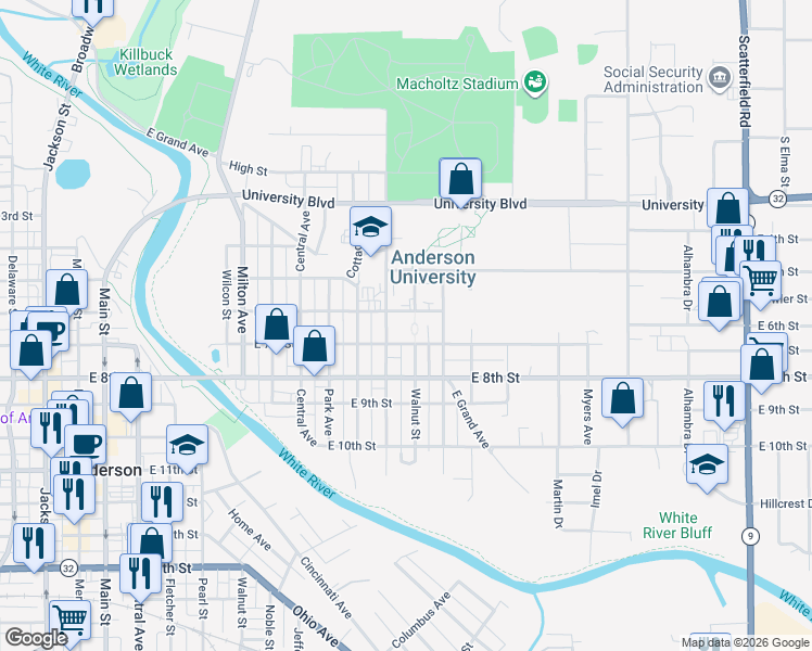 map of restaurants, bars, coffee shops, grocery stores, and more near 540 College Drive in Anderson