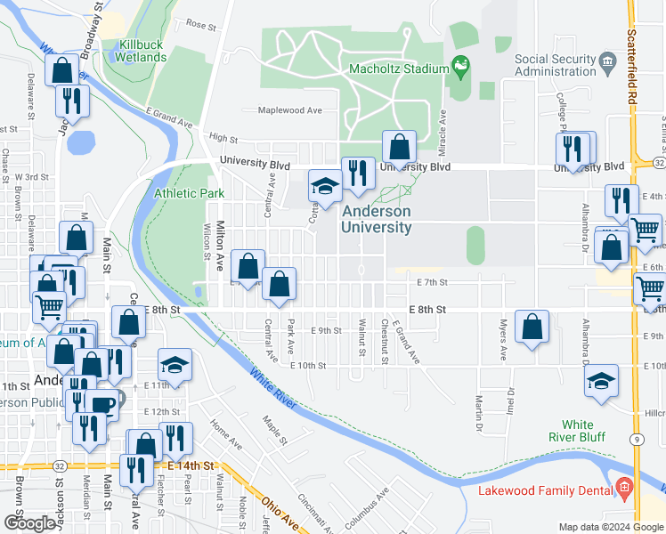 map of restaurants, bars, coffee shops, grocery stores, and more near 520 Cottage Avenue in Anderson