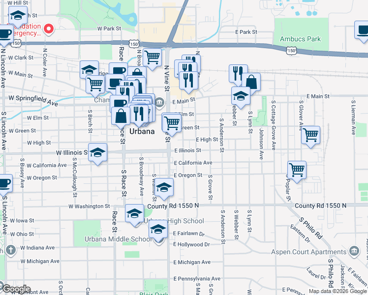 map of restaurants, bars, coffee shops, grocery stores, and more near 1111 West Nevada Street in Urbana