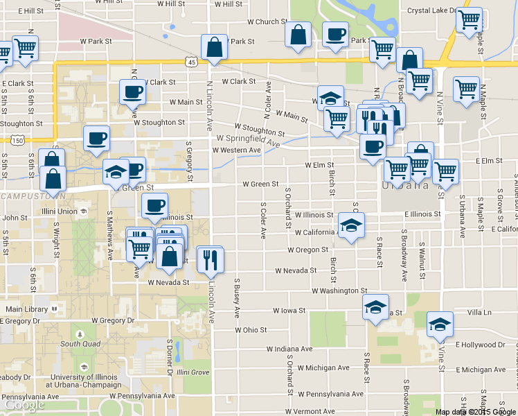 map of restaurants, bars, coffee shops, grocery stores, and more near 704 West High Street in Urbana