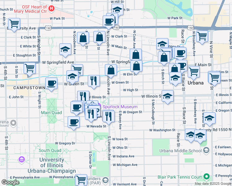 map of restaurants, bars, coffee shops, grocery stores, and more near in Urbana