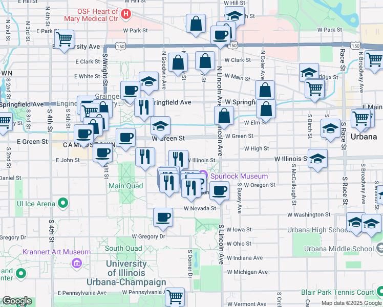 map of restaurants, bars, coffee shops, grocery stores, and more near 918 West Illinois Street in Urbana